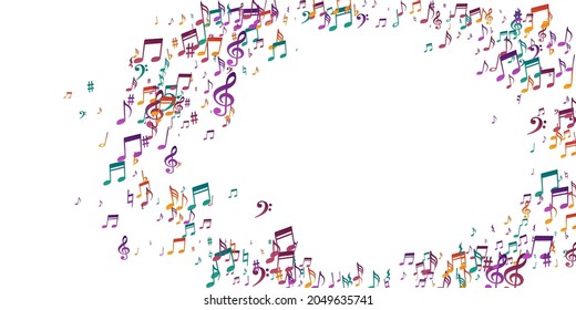 Music notes flying vector design. Audio recording signs swirling. Nightclub music concept. Retro notes flying elements with treble clef. Banner background.