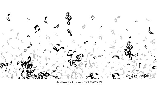Music notes flying vector design. Melody notation elements swirling. Dance music wallpaper. Vintage notes flying elements with pause. Album cover background.