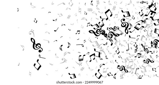 Music notes flying vector design. Melody notation elements burst. Jazz music wallpaper. Abstract notes flying silhouettes with sharp. Concert poster graphic design.