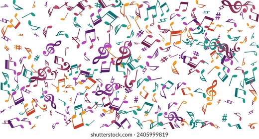 Music notes flying vector design. Song notation elements placer. Dance music wallpaper. Doodle notes flying silhouettes with flat. Birthday card backdrop.