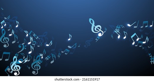 Music notes flying vector illustration. Melody recording elements placer. Digital music concept. Vintage notes flying silhouettes with bass clef. Banner graphic design.