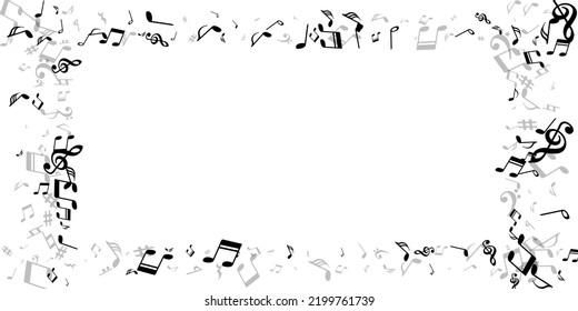 Music notes flying vector illustration. Melody notation signs burst. Festival music wallpaper. Doodle notes flying elements with sharp. Concert poster backdrop.