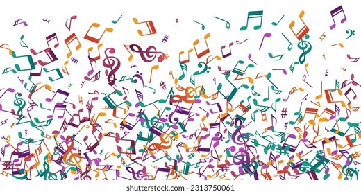 Music notes flying vector illustration. Melody recording signs swirling. Digital music wallpaper. Retro notes flying silhouettes with flat. Party flyer background.