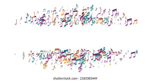 Music notes flying vector pattern. Melody notation elements swirling. Disco music wallpaper. Vintage notes flying elements with flat. Banner background.