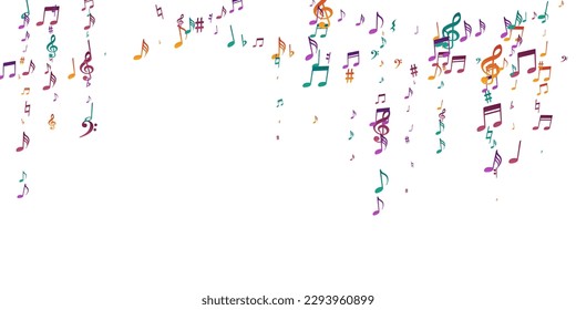 Music notes flying vector pattern. Sound composition signs scatter. Pop music illustration. Retro notes flying signs with flat. Concert poster backdrop.