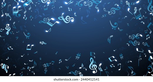 Music notes flying vector pattern. Melody notation signs placer. Disco music illustration. Retro notes flying elements with bass clef. Birthday card backdrop.