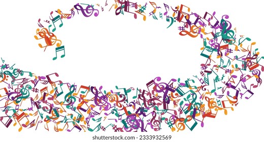 Music notes flying vector wallpaper. Sound composition elements swirling. Digital music pattern. Creative notes flying signs with bass clef. Concert poster background.