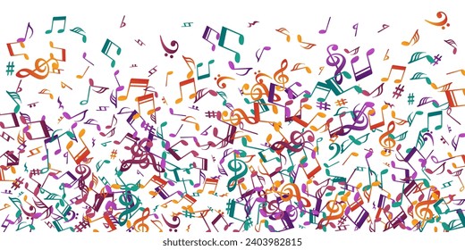 Music notes flying vector wallpaper. Melody recording elements placer. Disco music illustration. Doodle notes flying elements with bass clef. Birthday card graphic design.