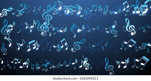 Music notes flying vector wallpaper. Sound composition signs swirling. Jazz music illustration. Abstract notes flying silhouettes with treble clef. Party flyer backdrop.