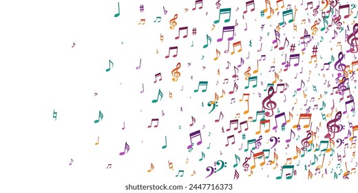 Music notes flying vector wallpaper. Melody recording signs scatter. Dance music pattern. Doodle notes flying elements with bass clef. Party flyer background.