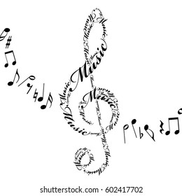 Music notes, formed by text "music"
