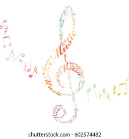 Music notes, formed by text "music", in watercolor style