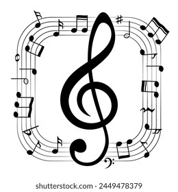 Music notes frame, treble clef inside square shape, musical vector background.