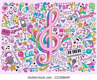 Music Notes G Clef Groovy Doodles Vector Illustration Hand-Drawn Design Elements