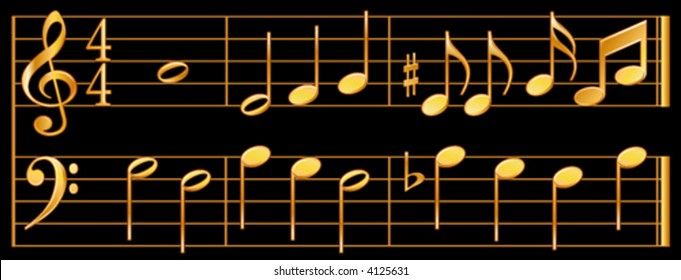 Music Notes, gold on black background, whole, half, quarter, eighth notes, sharp, flat, music signatures, treble, bass clef. EPS8 compatible.