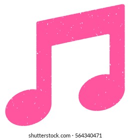 Music Notes grainy textured icon for overlay watermark stamps. Flat symbol with scratched texture. Dotted vector pink ink rubber seal stamp with grunge design on a white background.