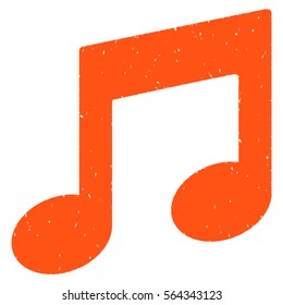 Music Notes grainy textured icon for overlay watermark stamps. Flat symbol with dirty texture. Dotted vector orange ink rubber seal stamp with grunge design on a white background.