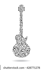Music notes guitar. Electric guitar made of music notes. Black notes pattern. Black and white design. Guitar shape. Poster idea.