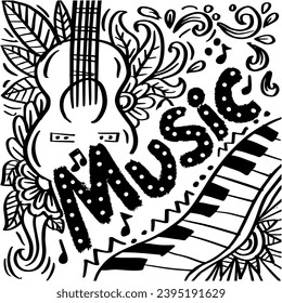 Music notes and guitar. Hand drawn vector illustration in doodle style.