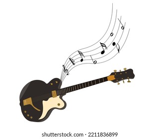 Music notes with guitar player . Vector flat illustration