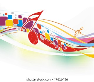 Music notes with halftone rainbow mosaic wave line background, vector illustration, No mesh in this Vector