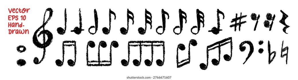 Music notes hand drawn collection, vector illustration isolated on transparent background. Clef, quaver, flat, natural, crotchet with grunge chalk, charcoal texture ideal for creative design