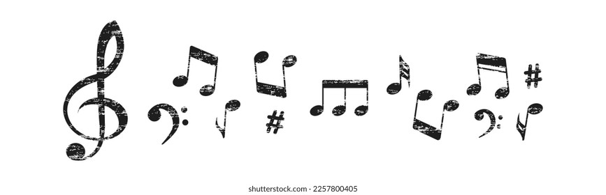 Music notes in hand drawn style. Musical drawing note isolated on white background. Black melody key in grunge texture. Vector illustrator.