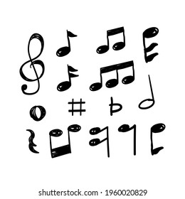 Music notes hand drawn vector design isolated on white background. Set of music notes icon design in doodle style