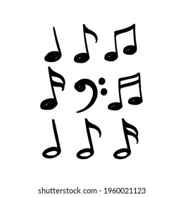 Music notes hand drawn vector design isolated on white background. Set of music notes icon design in doodle style