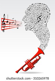 music notes in head shape out of trumpet instrument, conceptual image