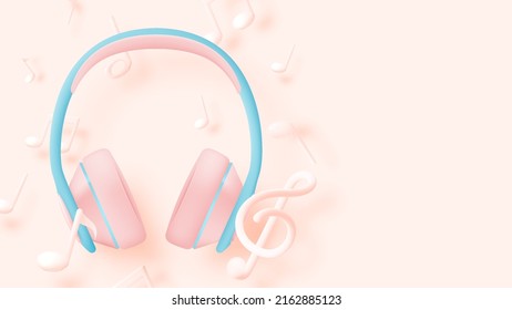 Music notes and headphones with melody or tune 3d realistic vector icon for musical apps and websites background vector illustration