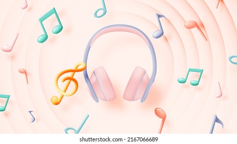 Music notes and headphones with melody or tune 3d realistic vector icon for musical apps and websites background vector illustration