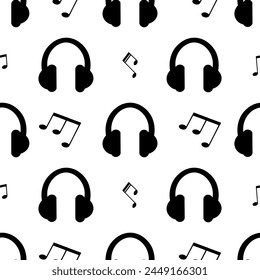 Music notes and headphones, musical seamless pattern, vector illustration.