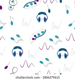 Music notes, headphones and treble clef on a white. Abstract Music Seamless Pattern Background. 
Musical background  for your design. Vector Illustration. EPS10