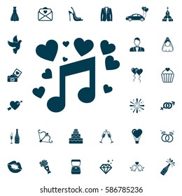 music notes and heart, melody of Love icon, wedding set on white background. Vector illustration