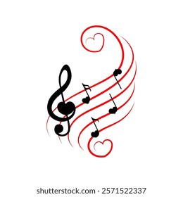 Music notes with heart on wavy red lines with swirls, vector illustration.