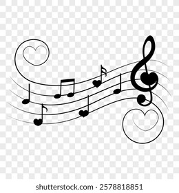 Music notes with heart on wavy lines, vector illustration.