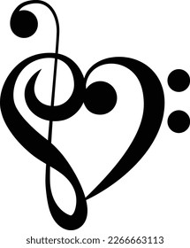 Music notes heart vector illustration. Heart formed from a treble clef and bass clef.