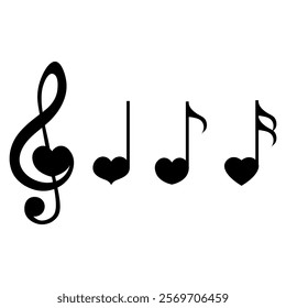 Music notes with heart, vector illustration.