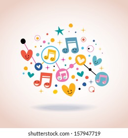 music notes, hearts and dots abstract art illustration