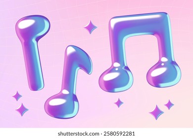 Music notes holographic 3d icons. Purple and blue metallic melody elements on y2k gradient background. Vector illustration.