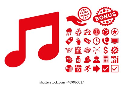 Music Notes icon with bonus clip art. Vector illustration style is flat iconic symbols, red color, white background.