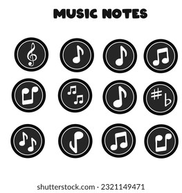 Music notes icon flat vector set isolated on black and white background. Song, melody or tune vector illustration. Music note icon for musical apps and websites. Music symbol. Music pentagram.