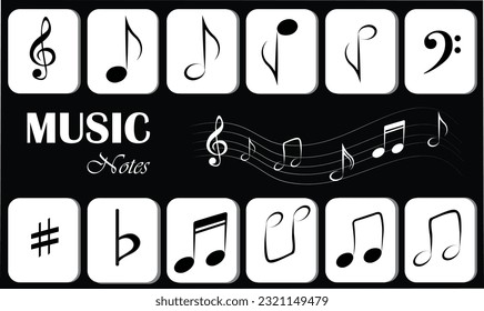 Music notes icon flat vector set isolated on black and white background. Song, melody or tune vector illustration. Music note icon for musical apps and websites. Music symbol. Music pentagram.