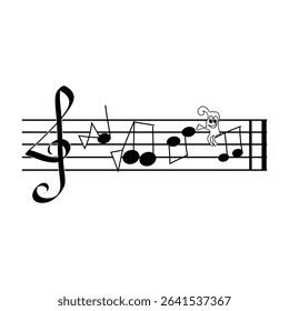 Music notes icon. Funny character symbol. Treble clef design. Vector black outline.