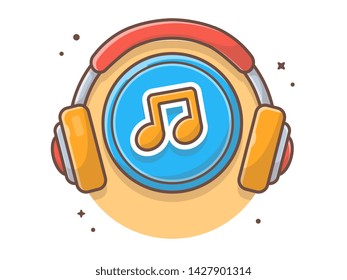 Music Notes Icon with Headphones Music Vector Illustration. Listening Music Logo. Flat Cartoon Style Suitable for Web Landing Page,  Banner, Flyer, Sticker, Wallpaper, Card, Background