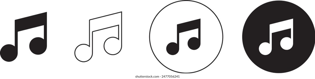 Music notes icon. Musical key signs  circle filled, stroke black fill set. Song streaming service melody Tone or tune vector icon, in trendy flat style design for web and mobile app sign and symbol