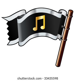 Music notes icon on black, silver, and gold vector flag good for use on websites, in print, or on promotional materials