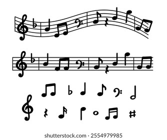 Music notes icon on wavy lines, music notes symbols