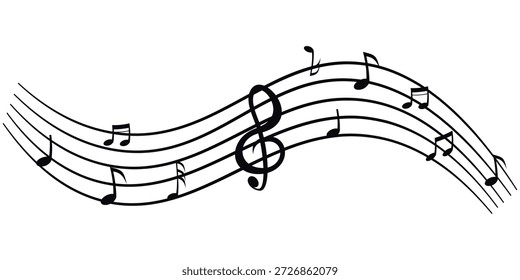 Symbolsatz für Musiknotizen. Schöne musikalische Noten fließen mit Clef und Personal schaffen elegante Melodie künstlerischen Klang Welle.